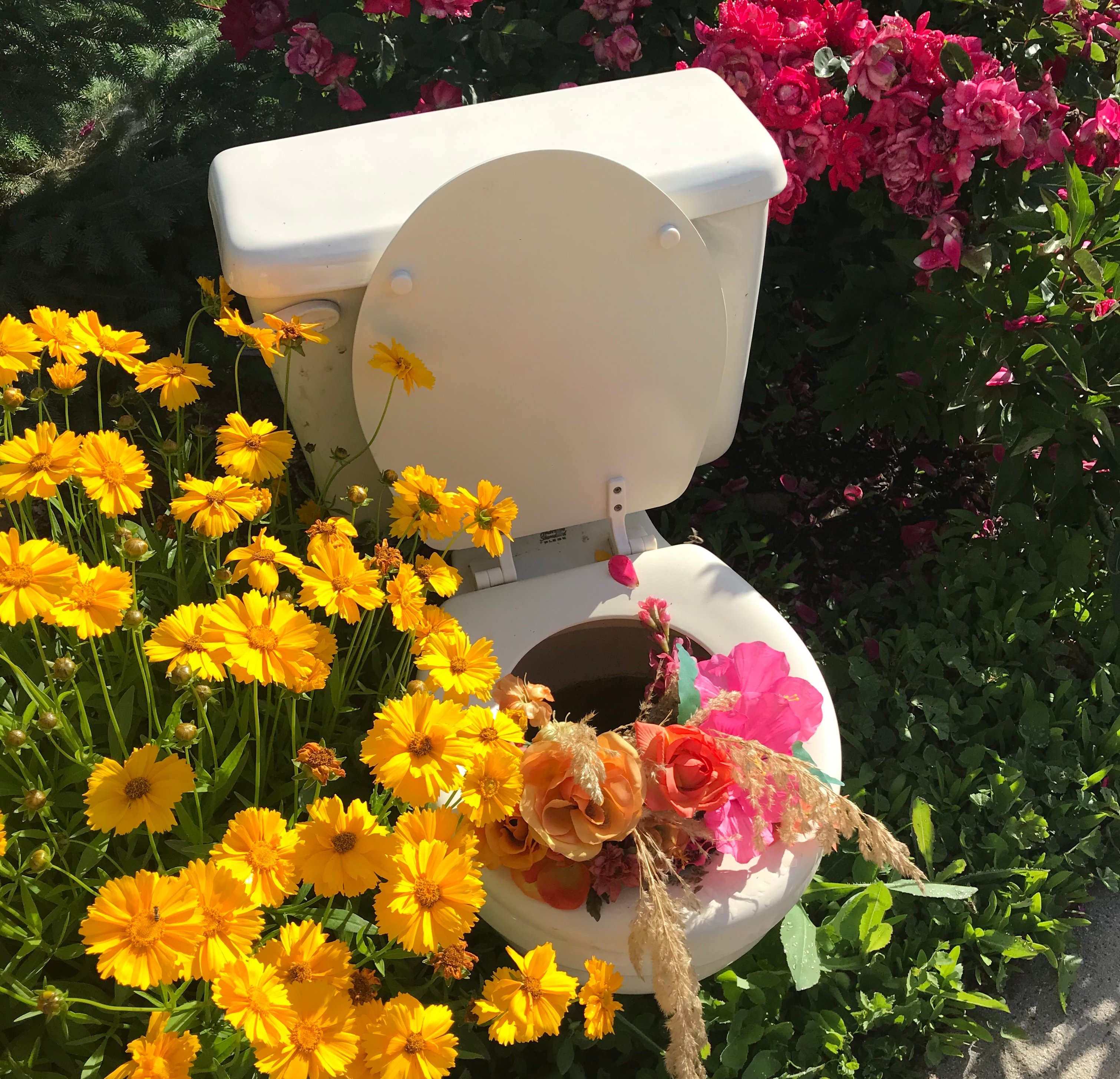 a toilet outdoors with real and fake flowers around and in it
